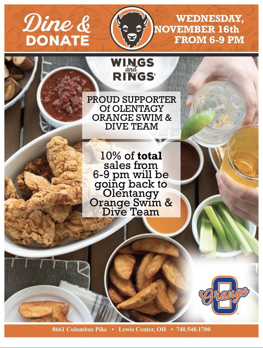 Come and support Orange Swim and Dive!!! @ Wings and Rings on Wednesday, November 16, from 
6pm -9pm located at 8661 Columbus Pike.