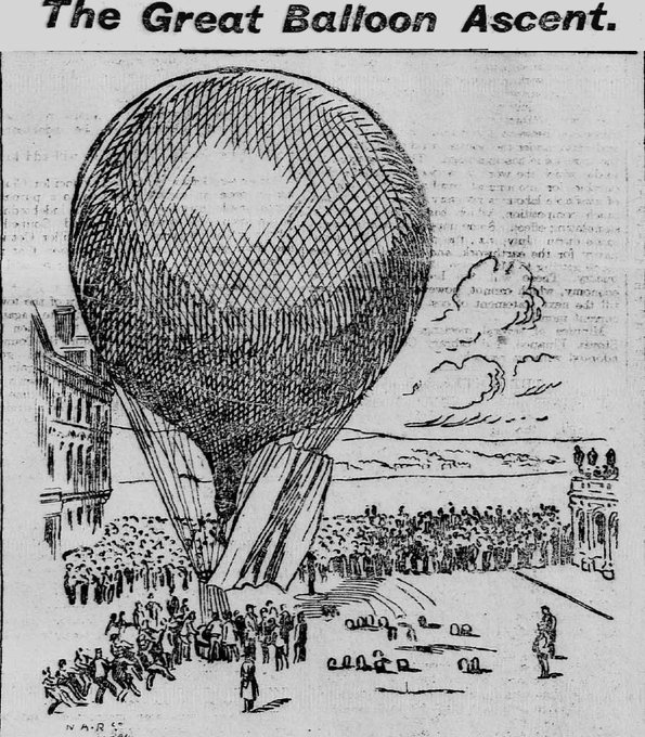 A contemporary newspaper illustration of the hot air balloon inflated and held down by a crowd of people. They are by buildings in Douglas amidst large crowds, with the bay and Onchan visible beyond. A simple line-drawing.