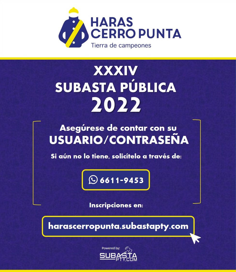 El líder criador en la estadística nacional de carreras, te invita a participar de la XXXIV Subasta Pública virtual de caballos pura sangre.
Solo tienes que registrarte en el link que te compartimos o llamando al telefono 6611-9453.

Te esperamos...

harascerropunta.subastapty.com/registro-de-us…