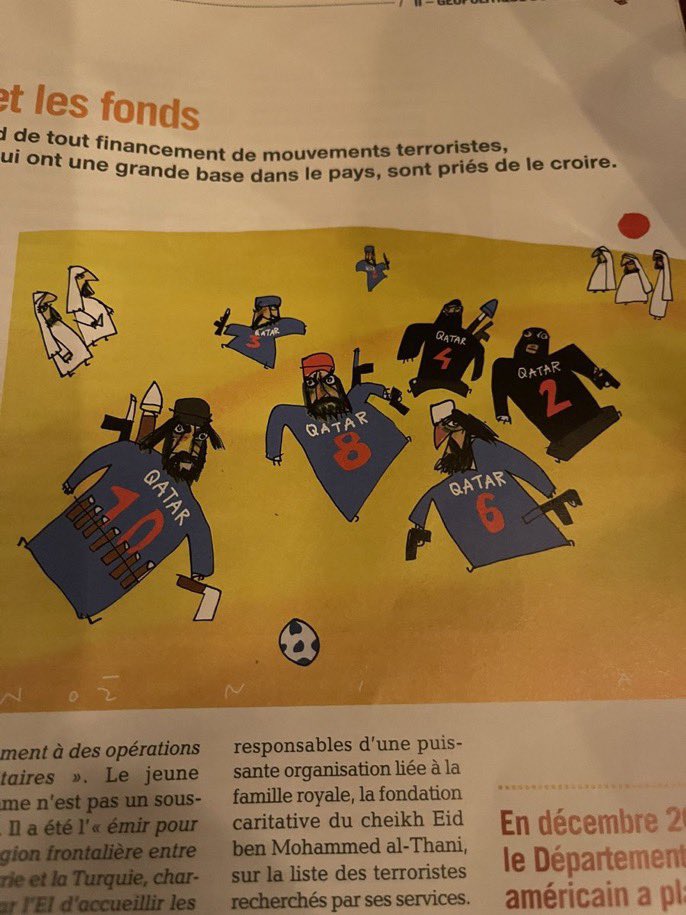 #France showing us again how racist it is by depicting the Qatar national team as terrorists. All this hate because an Arab nation is hosting the #worldcup. Disgusting!