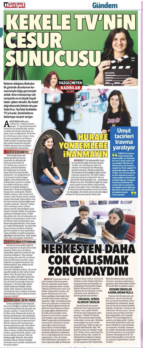 ececelk's tweet photo. Türkiye’de 1 milyonu aşkın kekeme var. Seda Fırın da onlardan biri. Herkesin “yapamazsın” demesine rağmen iletişim fakültesine girdi, hayali spiker olmaktı. Youtube’da KekeleTv’yi kurarak kekemelerin sorunlarını görünür kıldı. @KekeleTV https://t.co/I8nEWNLCKw https://t.co/umSrtEIzy7