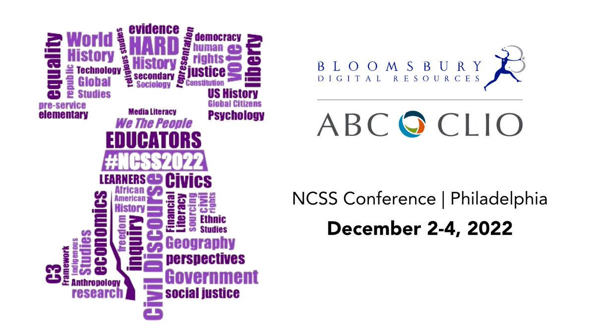 ABC_CLIO's tweet photo. We are happy to be back and showcasing with our friends from @BloomsburyDigtl at #NCSS2022 this year!  Be sure to check out some of our highlighted resources and let us know if you find something interesting: https://t.co/qOQi3SHtgK https://t.co/sSyxA3vXDu