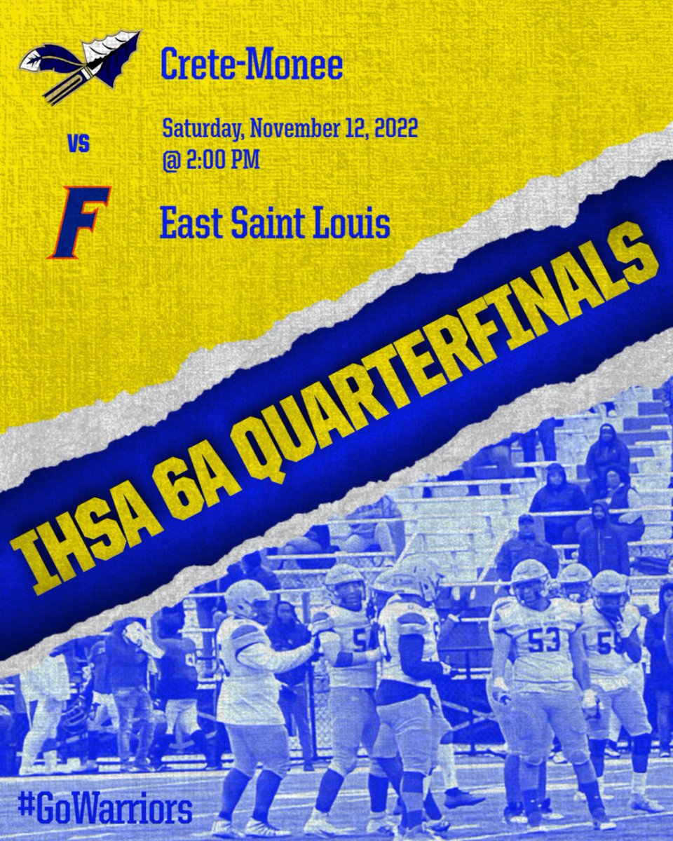 @CreteMoneeFB will head to East Saint Louis this Saturday for the IHSA 6A Quarterfinal matchup! Kickoff is at 2:00 PM. #GoWarriors Address: Clyde Jordan Stadium North 47th Street East Saint Louis, IL. 62205