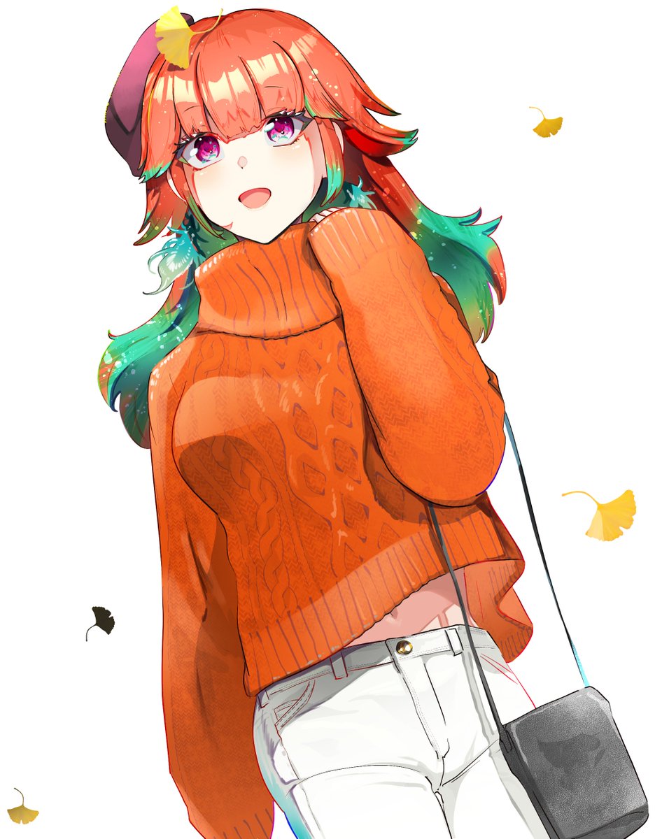 takanashi kiara 1girl sweater solo hat orange hair bag orange sweater  illustration images