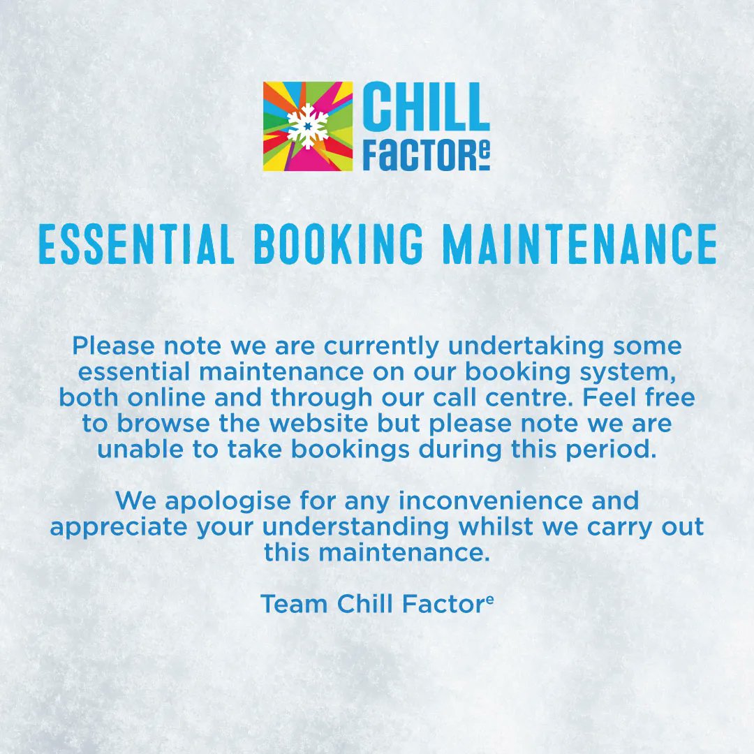 Please note we are currently undertaking some 
essential maintenance on our booking system, both online and through our call centre. Feel free to browse the website but please note we are unable to take bookings during this period.

We apologise for any inconvenience.

Team Chill