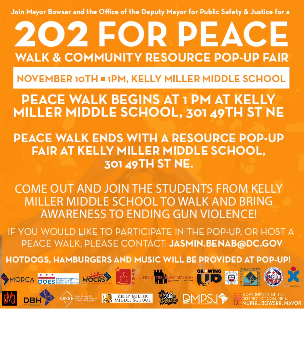 Join our 202 for Peace Walk on Thursday. 

📍 Kelly Miller Middle School 
📆 November 10th
⏰ 1PM 

Let's make this a big one DC! ✊