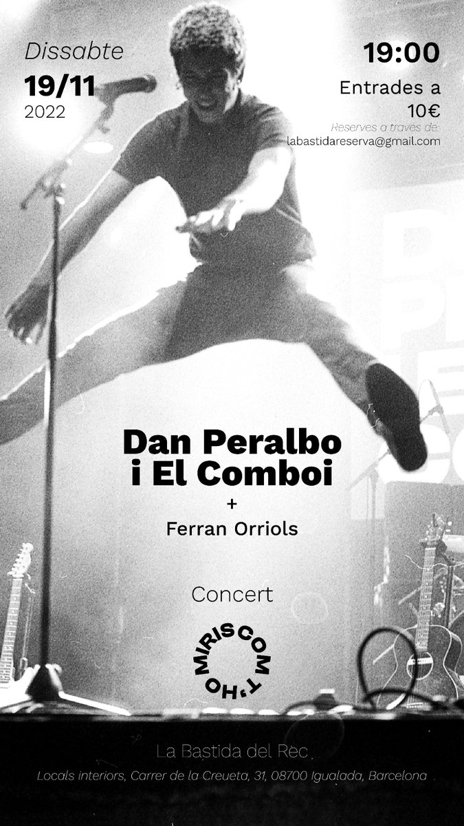 19/11 <a href="/danperalbo14/">Dan Peralbo</a> &amp; El Comboi actuaran a <a href="/labastidadelrec/">laBastida</a> IGUALADA ⛲
Obrirà la nit el gran <a href="/ferrannandu/">Ferran Orriols Sabatés</a> vocalista de <a href="/nyandumusic/">NYANDÚ</a> ara en solitari :))