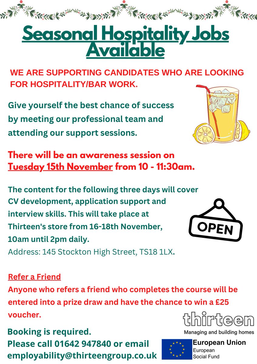 Are you looking for work in hospitality over the busy Christmas season?

We are offering our support to give candidates the best chance of success when applying for live vacancies!

To book a space, send us a DM, email employability@thirteengroup.co.uk, or call 01642 947840.