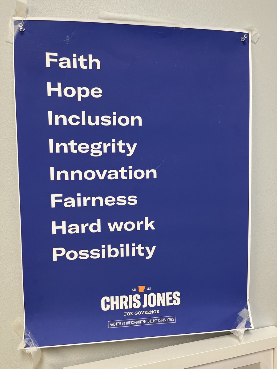 JonesForAR's tweet image. Our values guide our actions. From Day One, we set our foundation and guardrails by defining our Culture, Values and Behaviors in a document. We evaluate success based on results — and on alignment with our stated values. 



Arkansans deserve leadership they can trust. #VOTE