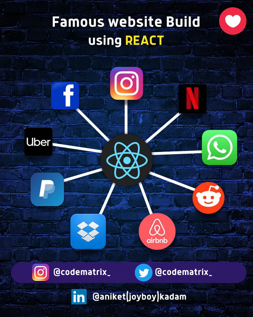 CODE_MATRIXX's tweet image. 1. Facebook 
2. Netflix
3. Uber 
4. Paypal 
5. Dropbox 
6. Airbnb 
7. Reddit
Hashtag:
#react #facebook #angular #frontend #backend #webdevelopment #website #html #js #javascript #programmer #programming #programmingisfun #programmingmemes #uber #reddit #netflix  #tech #technology