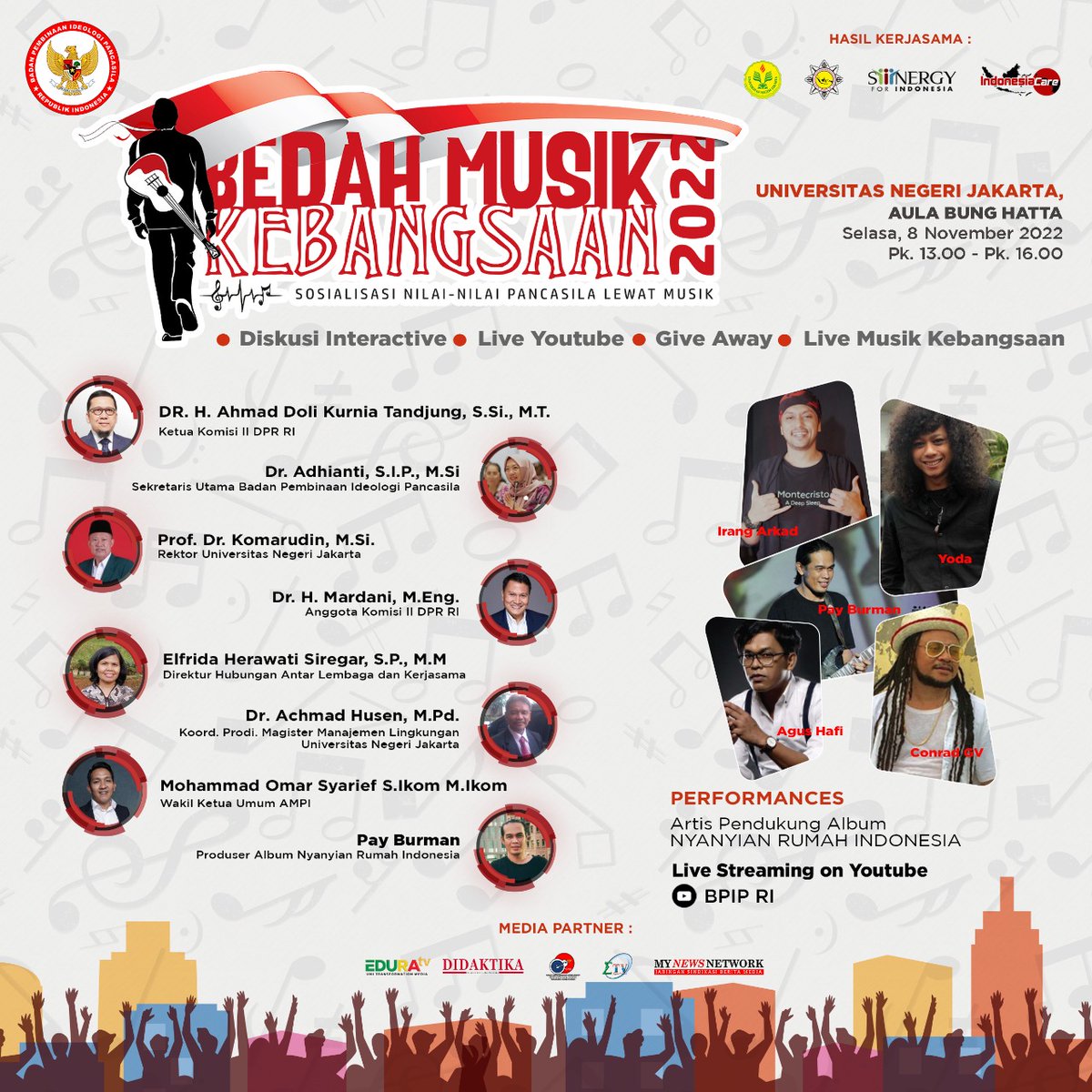 Vacuum_Noise's tweet photo. [BEDAH MUSIK KEBANGSAAN 2022]

Halo Jakarta, yuk hadiri Bedah Musik Kebangsaan: di Universitas Negeri Jakarta.

Hari/Tanggal : Selasa, 8 November 2022
Pukul : 13.00 - 16.00 WIB
Lokasi : Aula Bung Hatta, Universitas Negeri Jakarta
Ikuti acaranya secara online di Youtube : BPIP RI https://t.co/tW3ur2MVjx