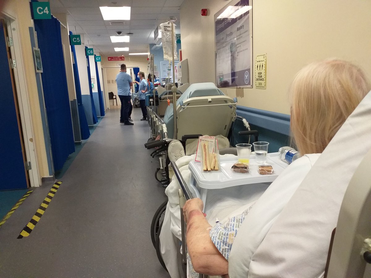 At Royal Infirmary Edinburgh with my Mum. Waiting rooms overflowing and elderly women queuing on trolleys in the corridor of A&E unable to get a bed... just so that billionaires and huge corporations don't have to pay tax.