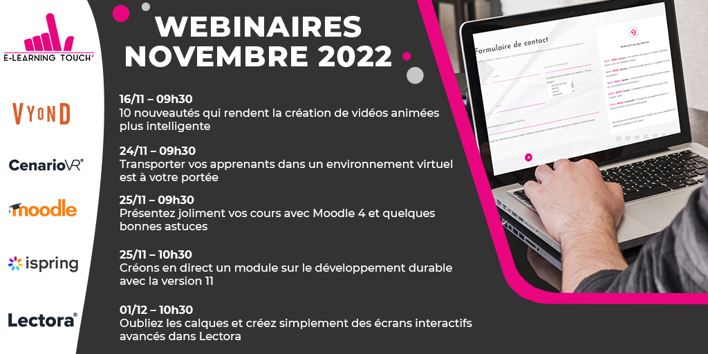 elearningtouch's tweet photo. 🎧 Webinars Novembre 🎧
Nos webinars sont totalement gratuits. N’hésitez pas à nous demander une démo sur la solution de votre choix !
Inscriptions : https://t.co/tbbFHfiDNJ
#elearning #rapidlearning #lms @iSpringPro @Moodle @Vyond @ELBlearning https://t.co/q7xRzLv2sZ