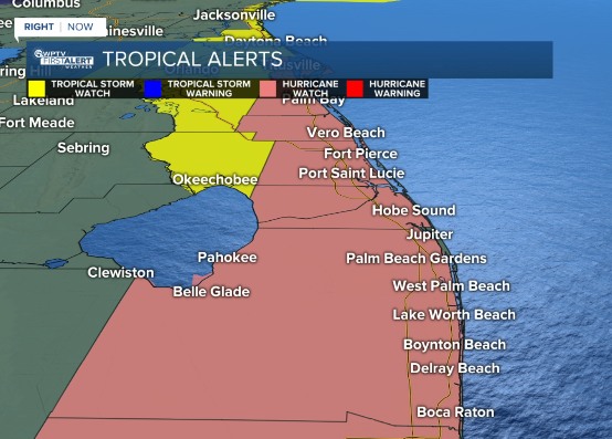 KahtiaHall's tweet photo. Hurricane Watch up for the entire viewing area aside from Okeechobee County. Okeechobee County is under a Tropical Storm Watch. https://t.co/um9Gtt9J8T