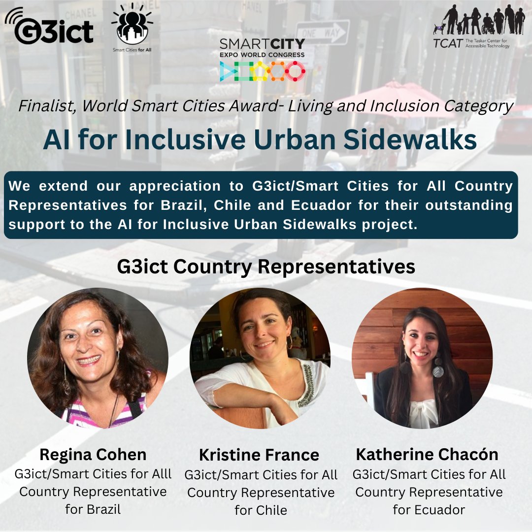 We acknowledge the role of @G3ict/@SmartCityA11y Country Representative @CohenRegina (Brazil), Kristine France (Chile) & Katherine Chacón (Ecuador) for successfully implementing and coordinating the project amongst stakeholders in their cities. bit.ly/inclusivesidew… #SCEWC22