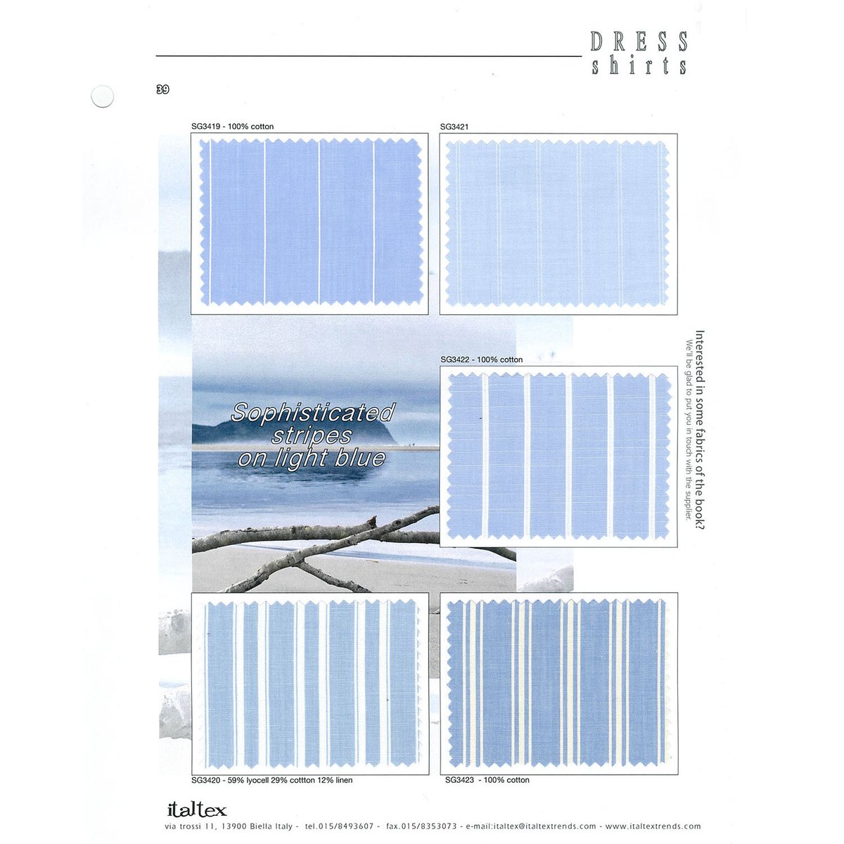 Sophisticated #lightblue and white #stripes for the new elegant high-end #shirt - from the Italtex #color and #fabric #fashion #forecast #trend #book Dress Shirts Spring/Summer 2024 #summer24 italtextrends.com/collections/sh…