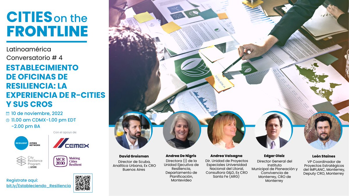 RCitiesNetwork's tweet photo. ¿Qué es necesario para establecer una oficina de resiliencia en su ciudad? Este jueves acompáñanos en  #CitiesOnTheFrontline LAC donde directores y directoras de resiliencia, presentes y pasados, compartirán experiencias y lecciones aprendidas. 
🔗https://t.co/O1LnZimAk1 https://t.co/1z0WCNQuZU