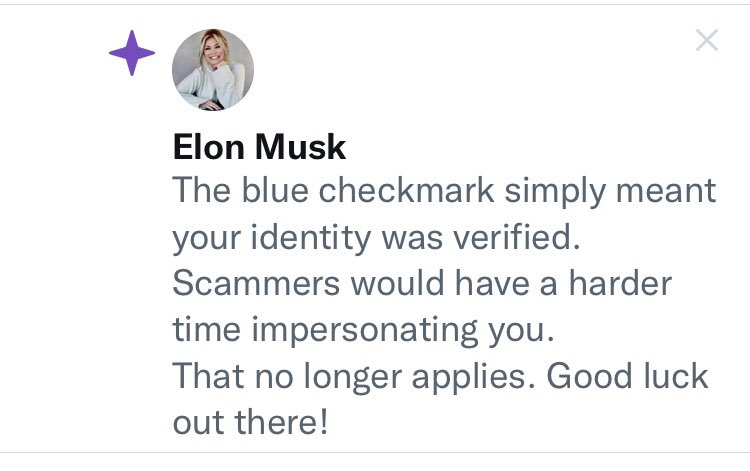 ShellyKW6's tweet photo. @Wolfiesmom I thought it WAS Musk on the importance of blue check marks, until, of course, the last line! 😆 Too funny! 

Ease up on @Wolfiesmom, she changed it back when @elonmusk complained about impersonating. NOT the end of the world ppl.🤷‍♀️ Have a sense of humor! You’ll live longer! 😁 https://t.co/cM3JIHnODE