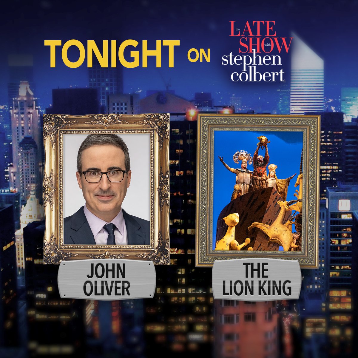 colbertlateshow's tweet photo. TONIGHT: Our friend @iamjohnoliver returns to The Late Show!

Plus, in celebration of its 25th anniversary on Broadway, @TheLionKing is here for a special performance!

See you tonight at 11:35/10:35c on @CBS and @paramountplus!

#Colbert https://t.co/SLcZWYaCQ0