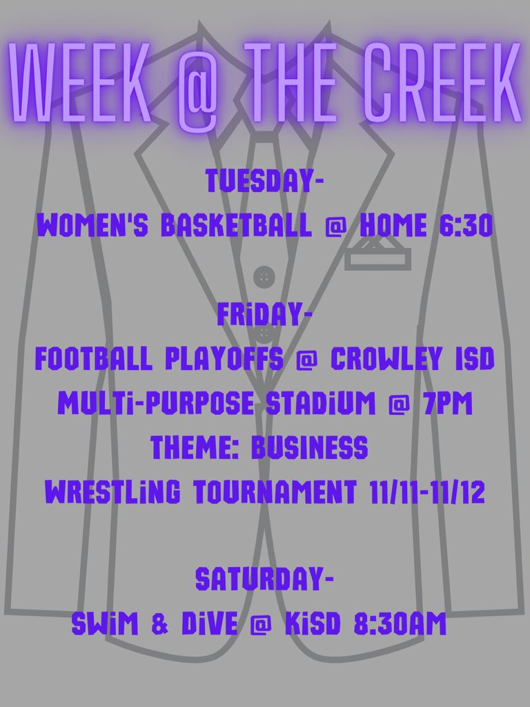 PLAYOFFS ROUND 1 ON FRIDAY!! 
Make sure you’re there cheering on TC Football! 

Don’t miss the rest of events this week💜 
#tcod #packthenest