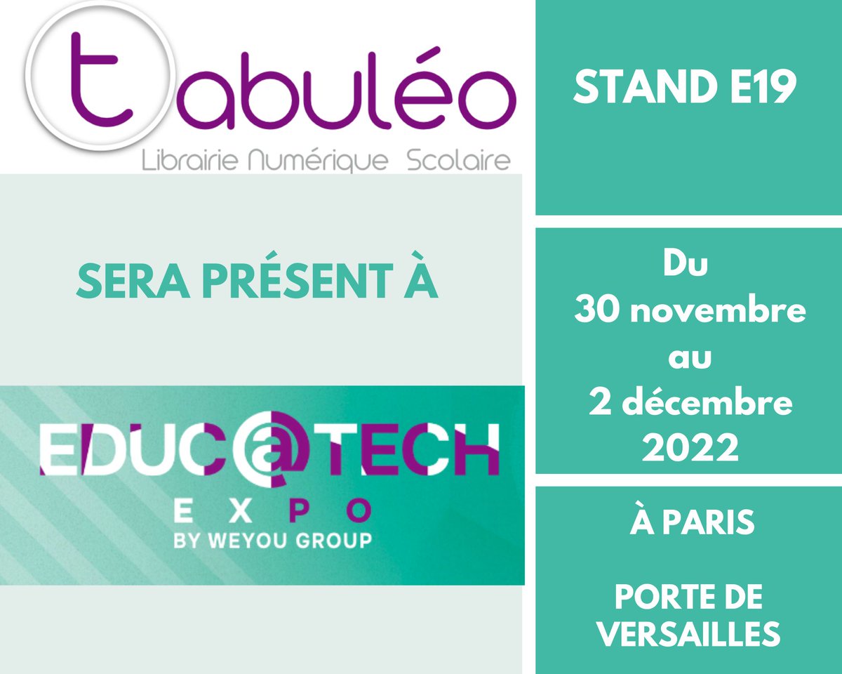 tabuleo_fr's tweet photo. Pour ou contre l’innovation éducative ?

As-tu entendu parler d’Educatech ?

Educatech Expo c'est les plus gros acteurs du numérique pédagogique qui se réunissent pour échanger autour de l'usage des technologies de l'information et de la communication dans l'enseignement. https://t.co/cgNEMYMgKn