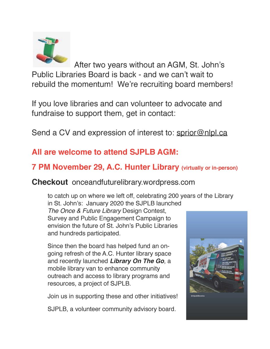 I serve on the <a href="/sjplb/">St. John's Public Libraries Board</a> board and it's a great group of folks doing some great work. We're looking for a few more hands!