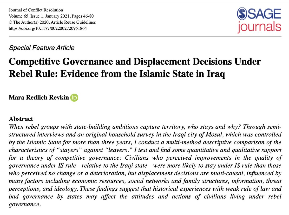 Very honored to receive the 2021 Bruce Russett Award for Article of the Year in JCR for “Competitive Governance &amp; Displacement Decisions Under Rebel Rule: Evidence from the Islamic State in Iraq." journals.sagepub.com/doi/10.1177/00… Many thanks to the committee and reviewers! @SAGECQPolitics