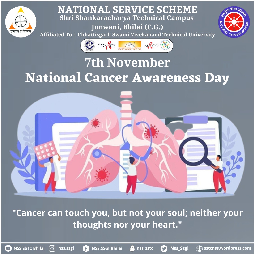 Jai Hind 🇮🇳

#NationalCancerAwarenessday is observed on #November7 in #India & highlights the #significance of #IncreasedAwareness about #CancerPrevention & #earlydetection for the general public.
#NSS

@NICPR_Noida
@NSSRDBhopal
@askabir_
@SamarendraS21
@dr_dsraghu
@nsscsvtuCG