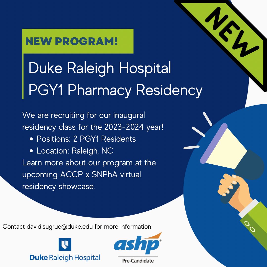 🥳🎉🥳 Excited to announce our new PGY1 Rx Residency at <a href="/DukeRaleigh/">Duke Raleigh Campus</a>! Please share to help us get the news out! We will be at the  SNPhAxACCP virtual showcase 11/8 &amp; 11/10. #TwitteRx <a href="/ASHPOfficial/">ASHP</a>