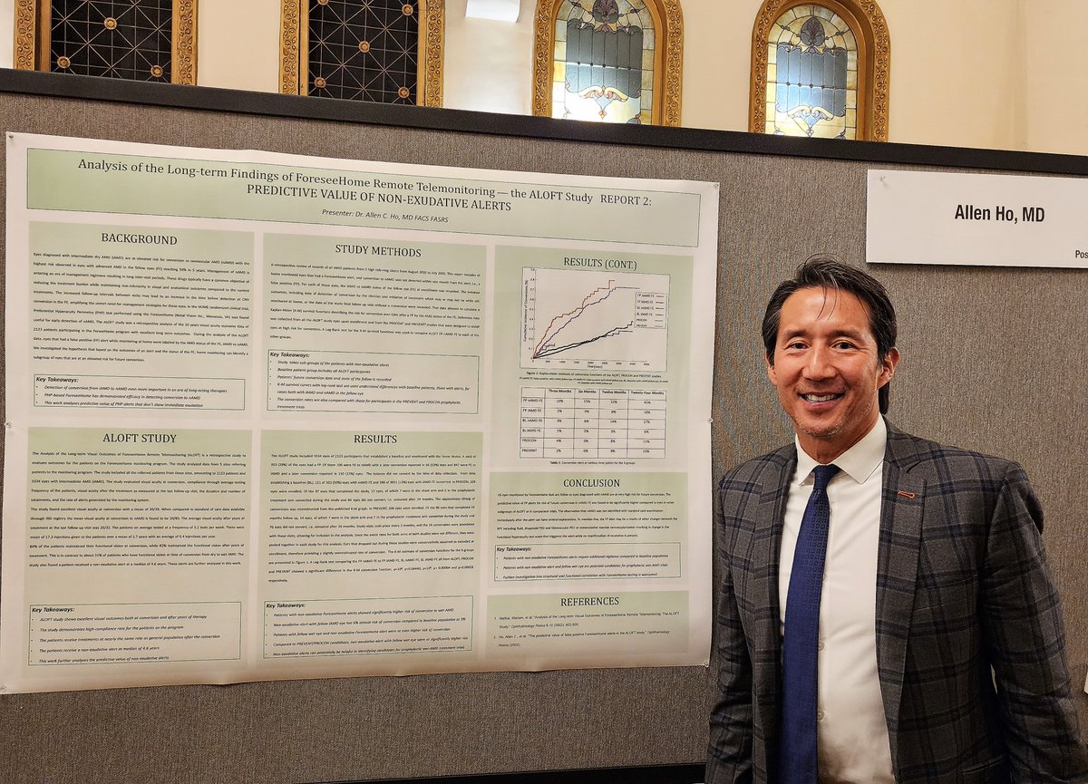 Among a great selection of posters at the @RetinaSociety 2022 meeting, Dr. Allen Ho's work displayed the predictive nature of non-exudative ForeseeHome alerts. A finding that can be very meaningful for the management of high-risk patients! #RetinaSociety2022 #digitalhealth #AMD