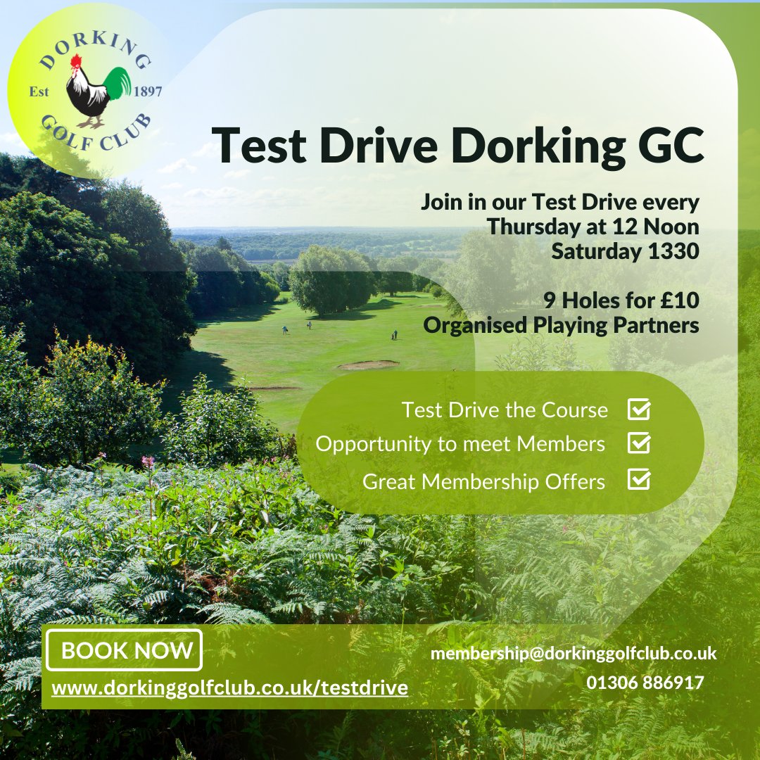 Are you a Golfer looking to meet others over a round of Golf ? Come along and join in one of our Roll Ups and Test Drive Dorking Golf Club. 12 Noon on a Thursday and 1330 on a Saturday weekly weather permitting, £10 Per Person 
Book online dorkinggolfclub.co.uk/testdrive