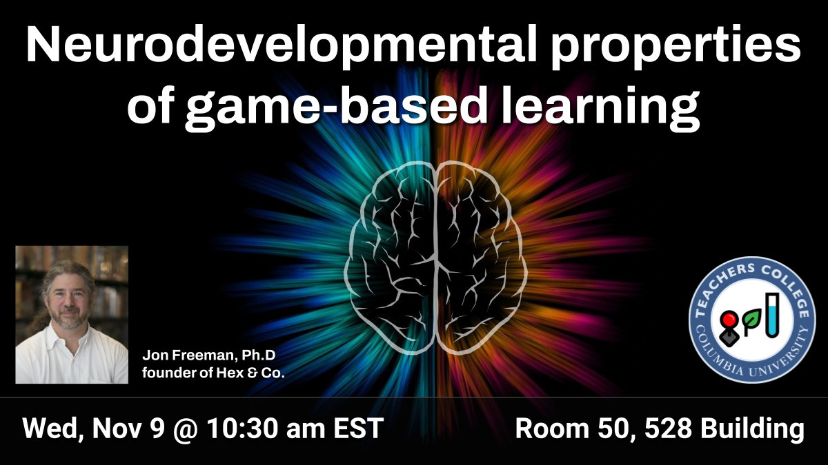 tc_gameslab's tweet photo. Join us as Jon Freeman, PhD @HexAndCompany (largest board game cafe in Manhattan) gives a talk on neuroscience &amp; game-based learning. He'll also share about his mission to provide a nurturing environment for youth to learn and socialize through games. @TeachersCollege  @TC_CMLTD https://t.co/rLxmw7IobM