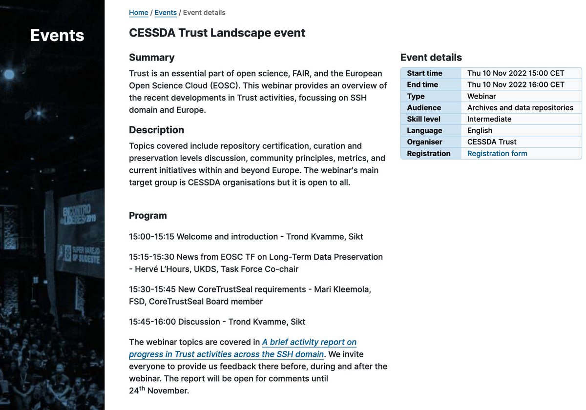CESSDA_Data's tweet image. ✨ Do you work at a data archive or data repository?

Join our free Trust Landscape Event!

🗓 10 Nov 2022, 15-16 CET

‼️Learn more about repository certification, curation, preservation levels, metrics, etc.

cessda.eu/Events/CESSDA-… #FAIRData #EOSC #CESSDATraining @hervelh