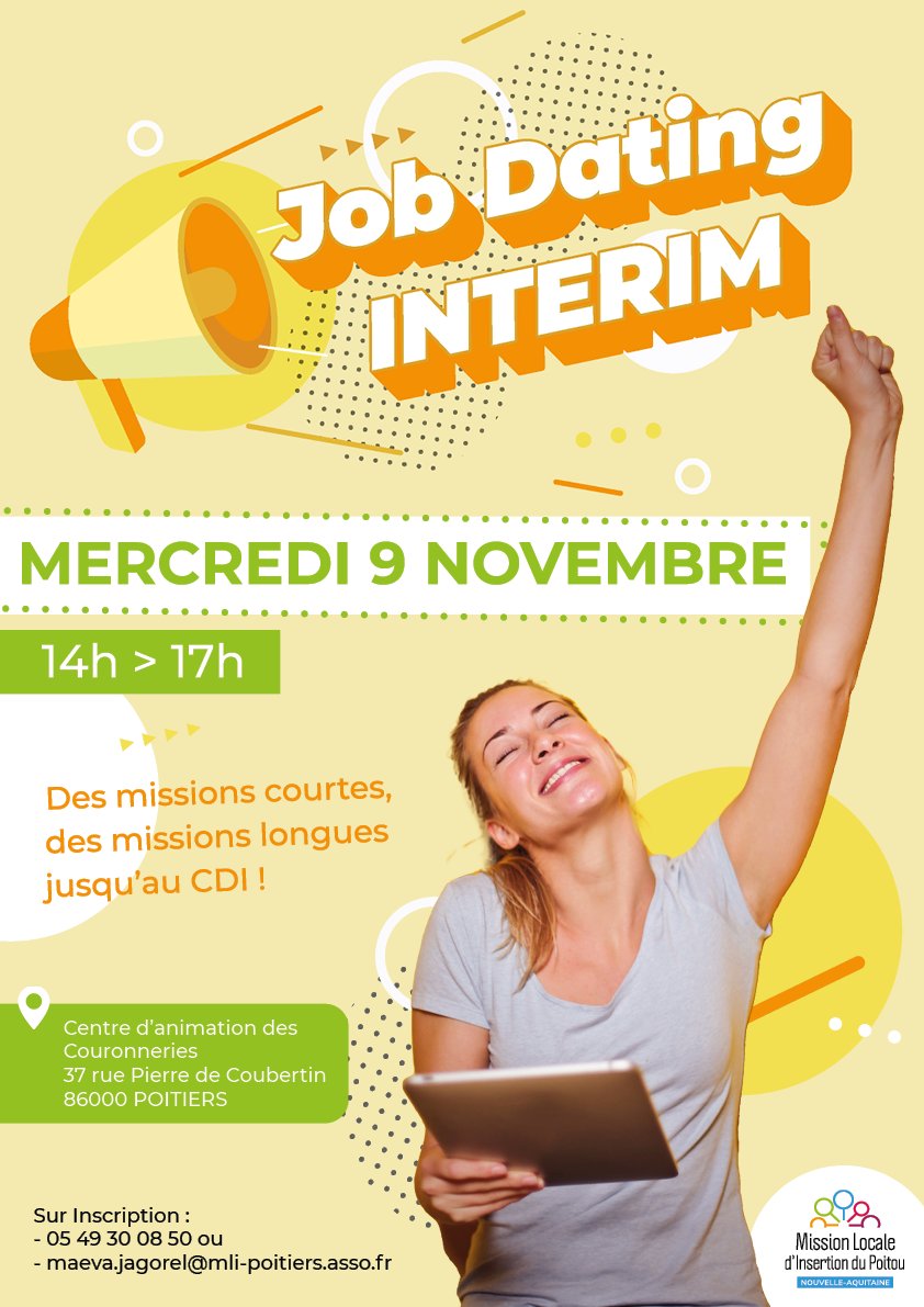 📢​ STS Société Travail Services et STS Handi Interim &amp; Recrutement participent au Job Dating Intérim ce mercredi 9 Novembre de 14h à 17h.

Venez à notre rencontre pour décrocher un #job ! 💼​

#recrutement #travail #poitiers #jobdating #interim