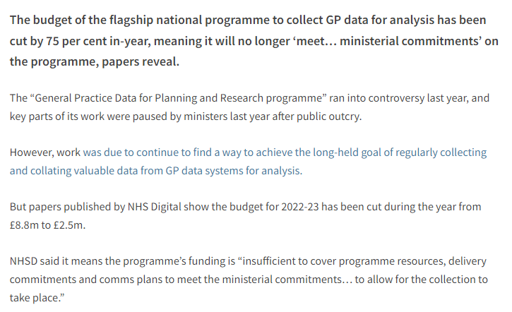 NEW: Severe funding cuts have left the controversial GP patient data sharing project at risk of permanent failure. 

The scheme, which was paused last year over concerns about data privacy, now has an "insufficient" budget to meet its commitments. 

hsj.co.uk/technology-and…