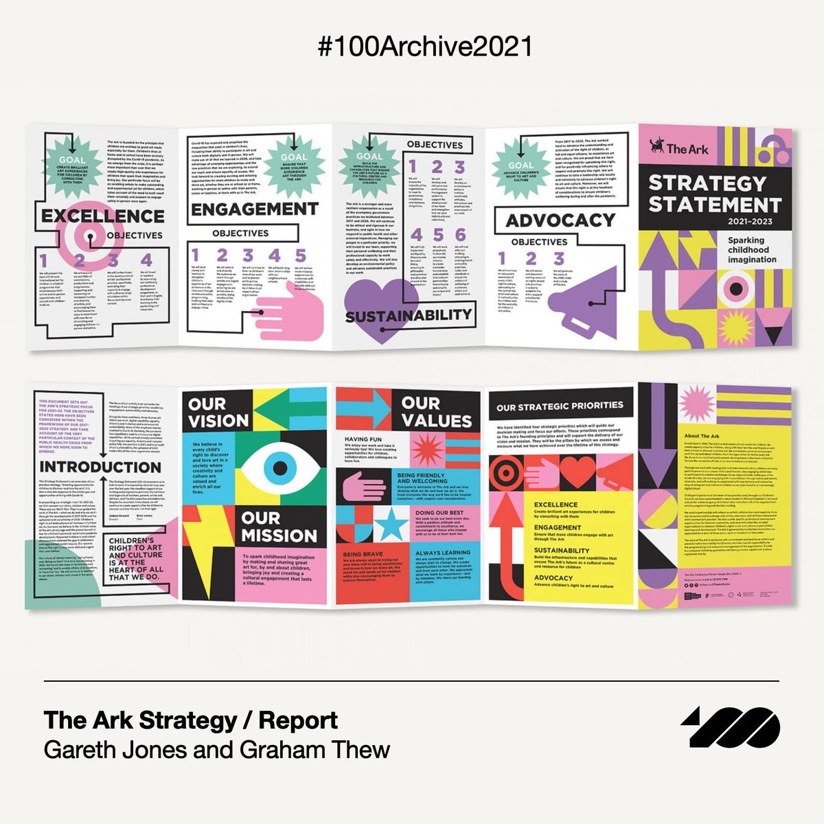 If you're a designer in Ireland or an Irish designer overseas, get your recent communication design projects in the 100 Archive pile by 31.01.23!⁠ The Ark Strategy / Report⁠ Selected for #100archive2021 and designed by @gazjonesdesign and @GrahamThew for @TheArkDublin
