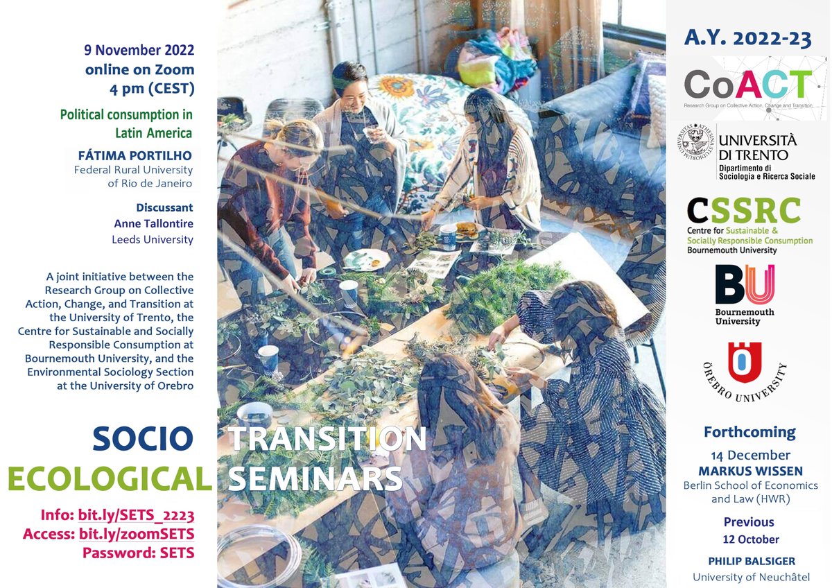 Roberta Discetti (@robi_discetti) on Twitter photo In November SETS seminar, we talk about politicising consumption in Latin America with @Fátima Portilho, Federal Rural University of Rio de Janeiro, and <a href="/AnneTallontire/">Prof Anne Tallontire</a>, Leeds University. More info and Zoom joining link here: lnkd.in/gdWv6NQQ In November SETS seminar, we talk about politicising consumption in Latin America with @Fátima Portilho, Federal Rural University of Rio de Janeiro, and <a href="/AnneTallontire/">Prof Anne Tallontire</a>, Leeds University. More info and Zoom joining link here: lnkd.in/gdWv6NQQ