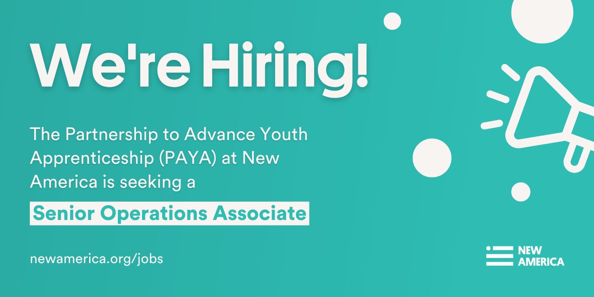 🚨JOB ALERT🚨   
Are you interested in Ed and #workforce development issues? Would you like to help raise awareness about #YouthApprenticeships? 

Join New America's Partnership to Advance Youth Apprenticeship as a Senior Operations Associate!

More info: newamerica.applytojob.com/apply/mJNZIM7h…