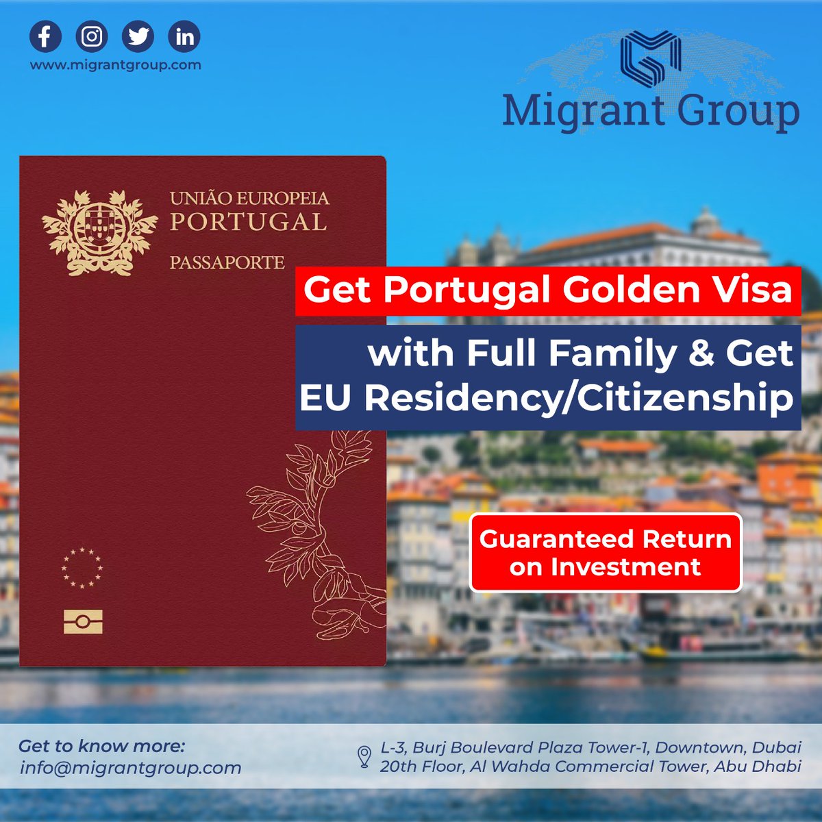 Portugal Golden Visa - Investments from EURO 280K.

Residency by Investment | Citizenship by Real Estate Investment | Second Passport | Travel free to all EU countries.

For more details - info@migrantgroup.com

#PortugalGoldenVisa #PortugalResidencyDubai #PortugalResidency