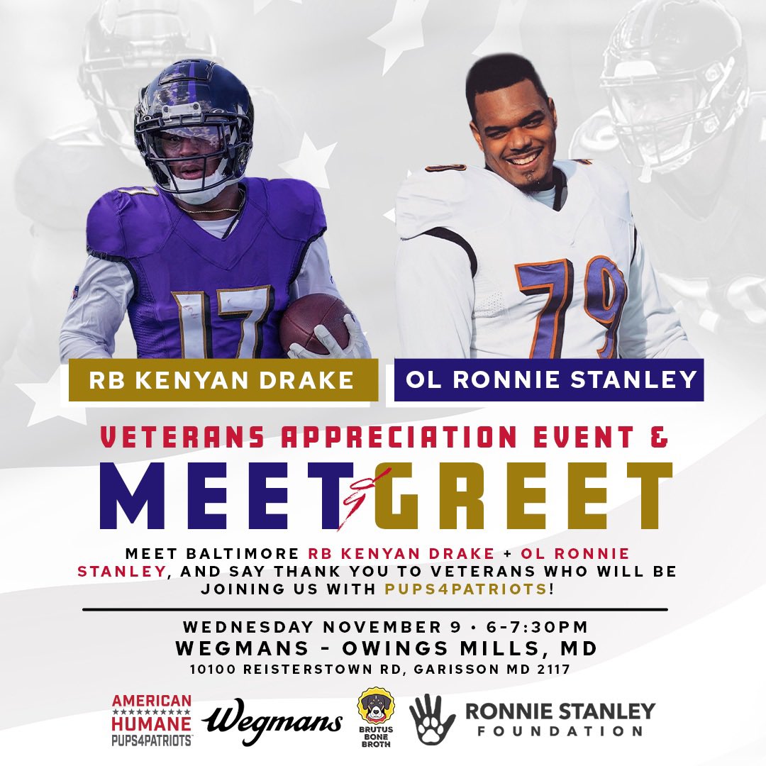 BrutusBroth's tweet photo. #MNF tonight, but on Wednesday we’ll be with @KDx32 and @megatronnie at @Wegmans! Come meet Kenyan &amp; Ronnie and say thank you to two amazing #Veterans from @AmericanHumane’s Pups4Patriots program #VeteransDay #BaltimoreRavens https://t.co/sMZmpvnWq1