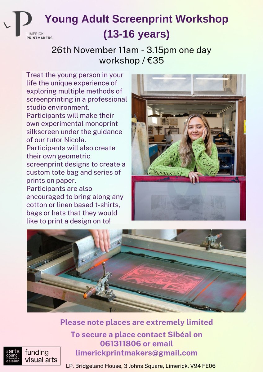Limerick Printmakers (@limkprintmakers) on Twitter photo LP has just two spaces remaining in our Young Adult Silkscreen workshop running on the 26th of November! This workshop would be a real treat for the creative young person in your life. For bookings please contact Sibeal on 061311806 or email limerickprintmakers@gmail.com LP has just two spaces remaining in our Young Adult Silkscreen workshop running on the 26th of November! This workshop would be a real treat for the creative young person in your life. For bookings please contact Sibeal on 061311806 or email limerickprintmakers@gmail.com