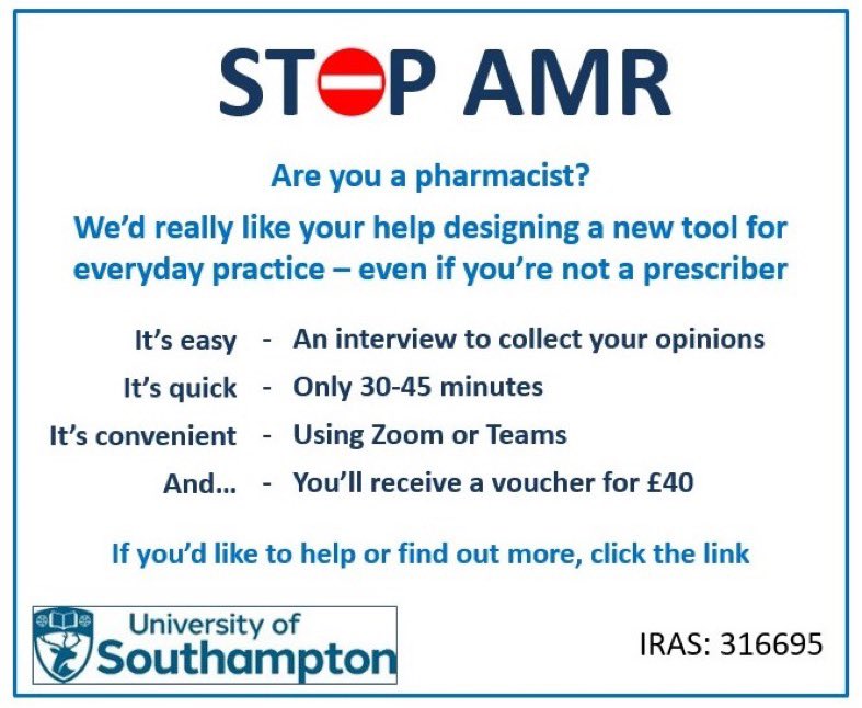 Are you a pharmacist or primary care prescriber? Help researchers at @unisouthampton develop a toolkit to help with antibiotic prescribing, with the aim to combat anti microbial resistance. Click the link for more information, and to sign-up! #AMR southampton.qualtrics.com/jfe/form/SV_4M…