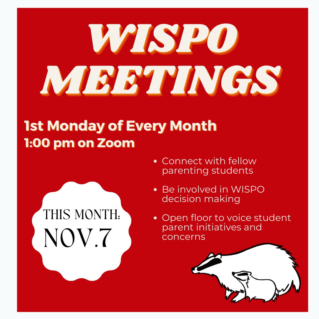 Join us TODAY for our monthly WISPO meeting! ALL caregiving students are welcome to attend. If you didn't receive a meeting link and agenda via our listserv, please email wisporganization@gmail.com for details!