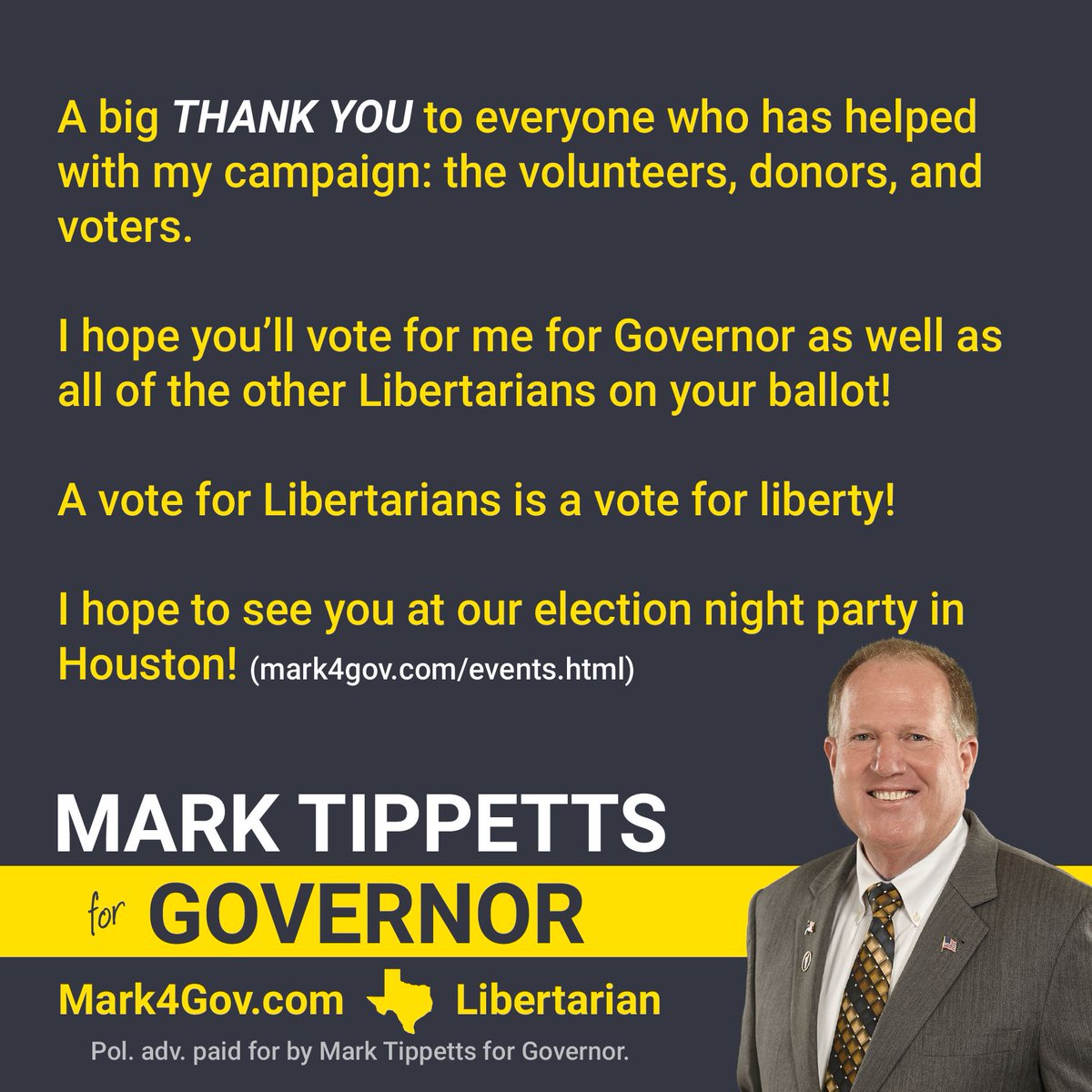 Mark4Gov's tweet photo. #Election2022 #ElectionDay #Mark4Gov #TxGov #Texas #Libertarians #VoteGold #MondayMotivation https://t.co/H43Cd569Ra