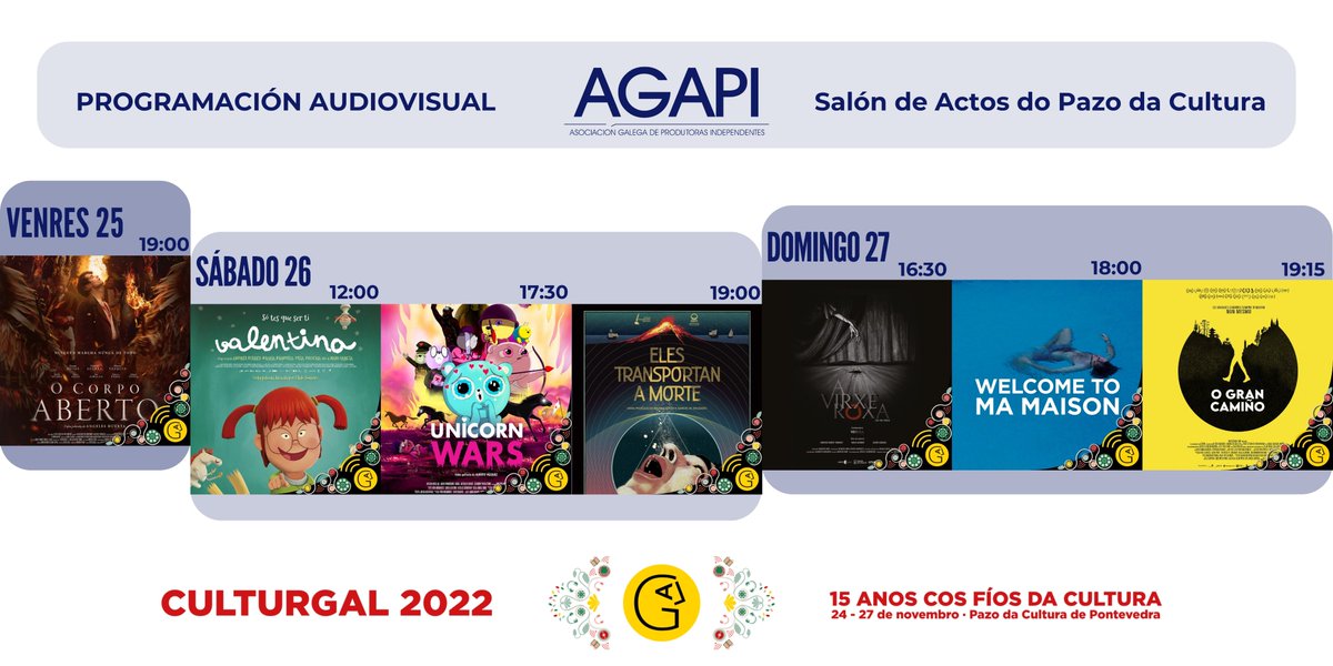 AGAPI coordina de novo a programación audiovisual do <a href="/culturgal/">Culturgal</a>  que poderá disfrutarse no Salón de Actos do Pazo da Cultura de Pontevedra de balde coa entrada da Feira e ata completar aforo.

Máis info na web de agapi.gal ou cultur.gal