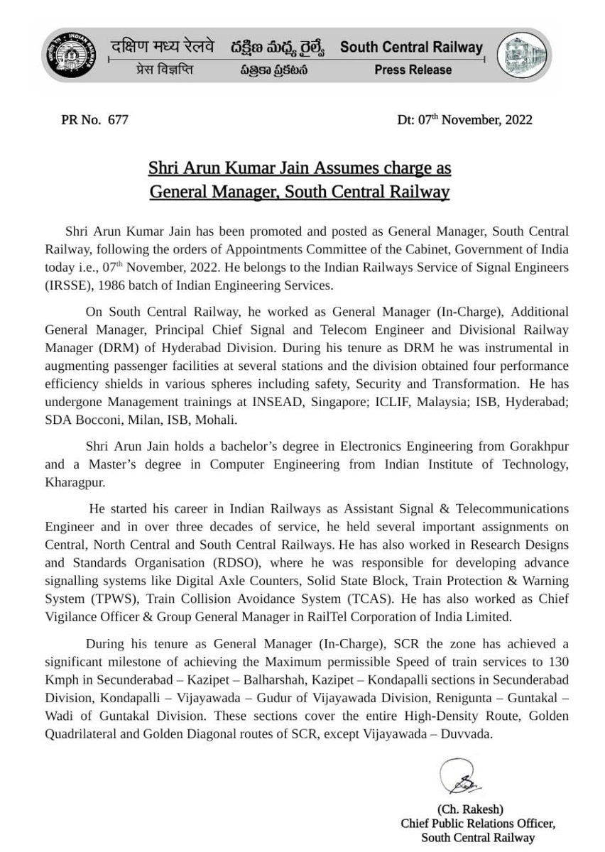 SCRailwayIndia's tweet photo. Shri Arun Kumar Jain assumed charge as General Manager, South Central Railway
@arunjainir @RailMinIndia @AshwiniVaishnaw @raosahebdanve @DarshanaJardosh @drmgtl @drmned @drmsecunderabad @drmhyb @drmvijayawada @drmgnt https://t.co/9JBapuU1nL