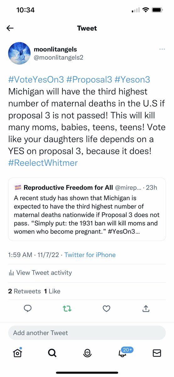 moonlitangels2's tweet photo. #VoteYesOnProposal3 #Yeson3 #Proposal3 Won’t go back to 1931 abortion ban! Especially since that would make Michigan the third in the nation for maternal deaths. Vote like your daughters life depends on a YES on proposal 3, because it does. #CatholicsForChoice #Catholics4Choice https://t.co/AHEM7uP9I6