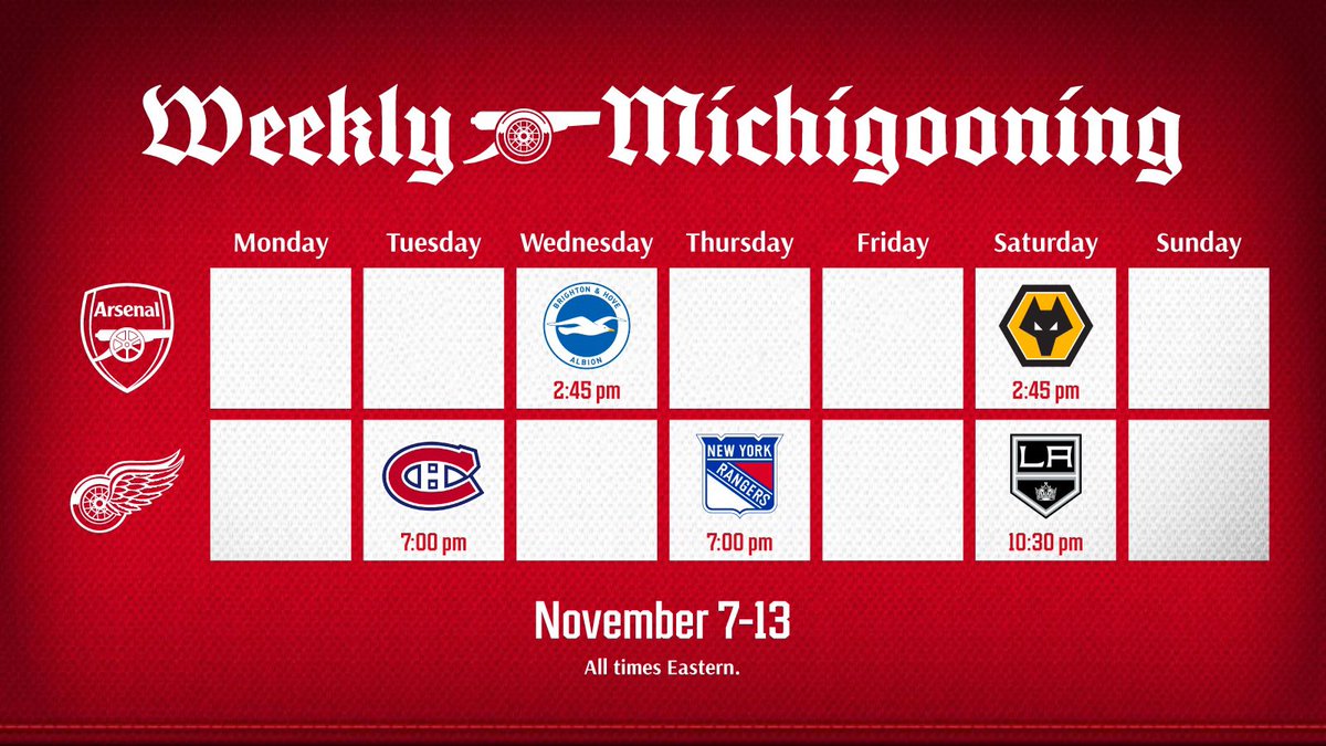 Final two games for #Arsenal before the #WorldCorrupt break and a couple more #OriginalSix matchups with a west-coast swing for the #RedWings. #COYG #LGRW