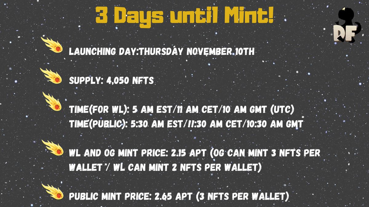 Important Minting info you should know!🦕📢

🔥We are 3 days close to our mint
🔥We will announce our launchpad tomorrow!

✨Check mint details below✨

#AptosEcosystem  #SolanaNFTs  #NFTs #Dinofatties #ETH #staking #Mint
