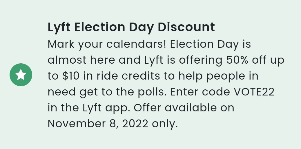 NewHavenVotes's tweet photo. Need a way to get to the polls? Lyft is offering special ride credits for Election Day. Use code VOTE22 in the app. https://t.co/vHhrp7ZsfA